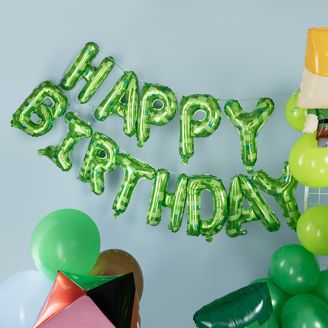 Набор шаров (16''/41 см) Мини-буква, Надпись "Happy Birthday", Пиксели, Зеленый, 1 шт. в уп.